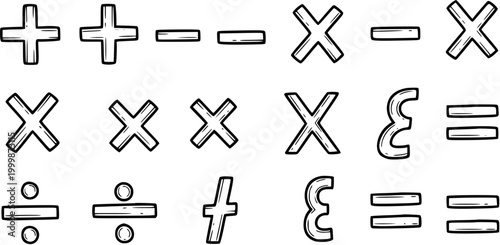 Black and White Line Art Collection of Mathematical Symbols: Addition, Subtraction, Multiplication, Division, Equals