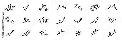 Line element movement hand drawn set. Hand drawn sketch line element icon brush pencil stroke movement chalk. Cute comic cartoon emoji bubble heart star sparkle expression manga. Vector illustration