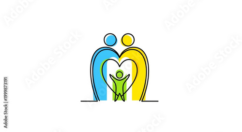 Continuous line art illustration of a loving family. Parents form a heart around their child, symbolizing unity, protection, and care. Vibrant minimalist design reflecting strong family