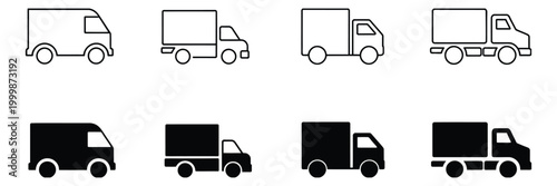 Truck icon set, cargo van and freight delivery vehicle icons, clean outline and glyph style vector pack for logistics services, courier tracking