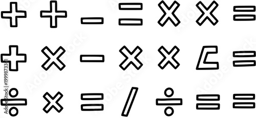 Black and white line art vector icons of mathematical symbols for education and arithmetic