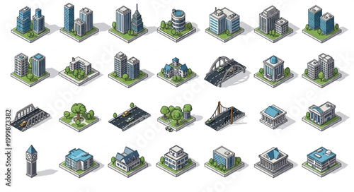 Collection of Isometric City Buildings and Structures.