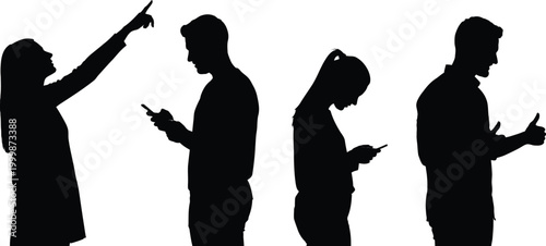 Diverse people silhouettes interacting with technology in a modern vector illustration design