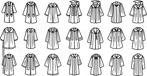 Education Industry Black and White Line Art Icons Set of Academic Regalia. Collection of Graduation Gowns, Robes, and Mortarboard Caps Outline Vector Graphics.