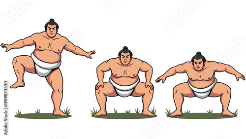 Traditional Sumo Wrestlers Cartoon Set in Various Poses