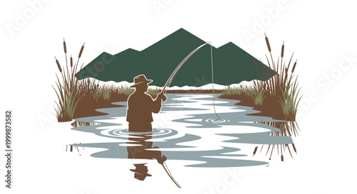 Fly fisherman casting line in tranquil mountain river.