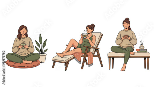 Set of illustrations: Woman enjoying self-care, relaxation, and mindfulness moments at home with a hot drink.
