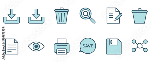 icons for delete, search, share, and system functions, modern interface action symbol set, clean minimal vector illustration