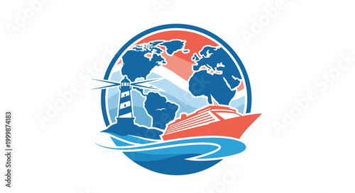 Global Travel and Cruise Adventure Logo with Lighthouse and Ship.