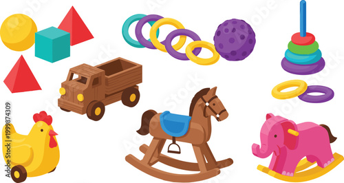 Colorful kids toys set with rocking horse, stacking rings, shapes, and vehicles illustrating childhood playthings and educational toys vector illustration