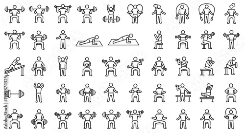 Set of gym workout and fitness exercise line icons.