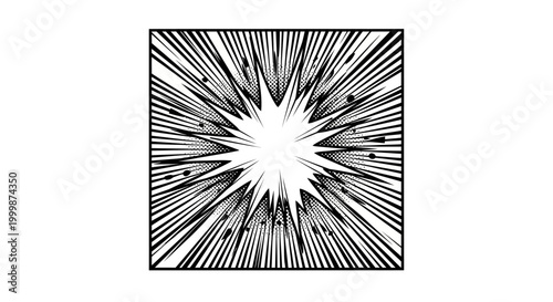 Black and white comic book style explosive impact starburst graphic effect.