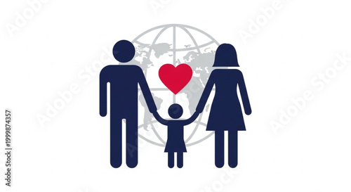 Stylized graphic of a loving family—father, mother, and child—united by a red heart, set against a global grid, symbolizing universal connection, care, and community values