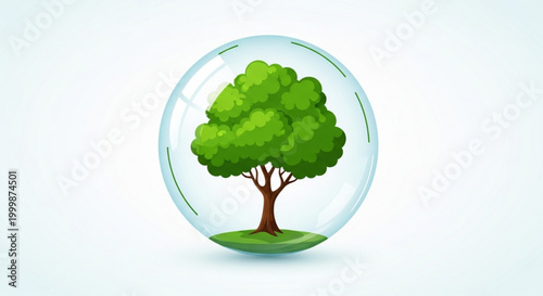 Tree enclosed in a protective glass globe on green grass with clear transparent bubble