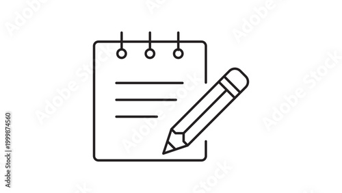 Minimalist Black Line Vector Icon of a Notepad and Pencil for Writing Notes, Journaling, and To-Do Lists, Featuring Editable Stroke and Scalable Outline Design on a Clean White Background.