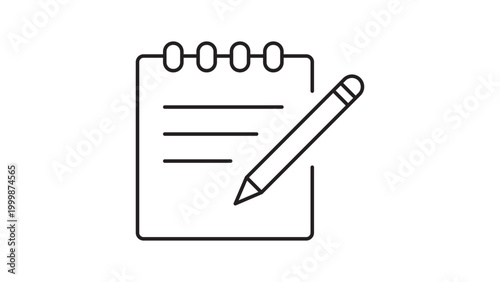 Minimalist Notepad and Pencil Vector Icon with Editable Stroke. Simple black line illustration of a spiral notebook for writing notes, journaling, planning, and office tasks on white background.