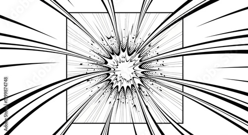 Black and white manga style radial explosion with speed lines and impact effect.