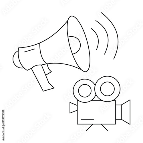 Megaphone and movie camera icon for media propaganda, news broadcasting and cinema industry.Editable stroke, Vector illustration, Line art Icon, Symbols.