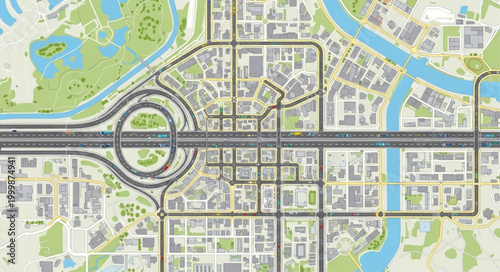 Aerial view of a complex urban road network and city grid.