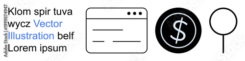 Business solutions, web design, finance management, online transactions, digital tools, search functionality. Abstract UI elements with dollar and search icons. Web design and finance concepts