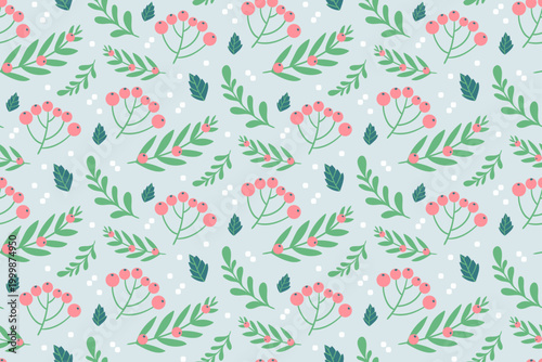 Seamless Winter Berry Botanical Pattern with Festive Green Leaves Background