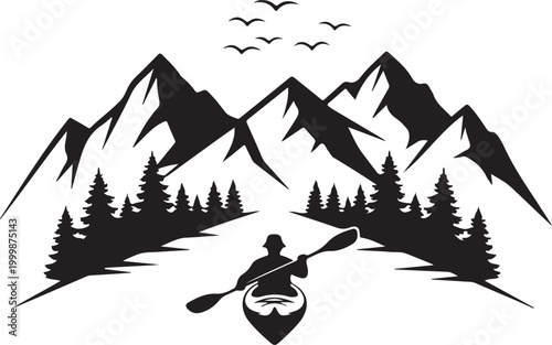 Kayaking, mountain landscape, silhouette vector, outdoor adventure, black icon