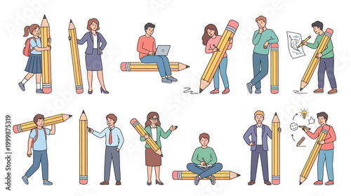 A vibrant collection of diverse business professionals interacting creatively with oversized pencils in various playful poses and settings.