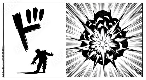 Comic book panel illustration featuring a silhouetted figure and an intense explosive blast effect.