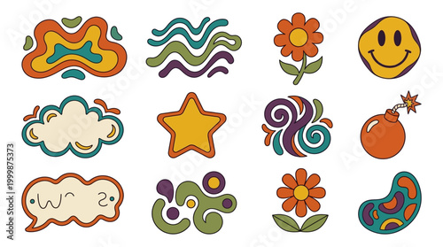 Colorful set of psychedelic decorative elements, including flowers, clouds, stars, and abstract shapes in a groovy, playful, 1960s-inspired artistic style, perfect for design and creative pr