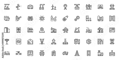 Industrial Process icon set. Vector illustration of factory, production, machinery, tools and equipment. Includes conveyor belt, oil platform, solar panel, robot, welder, crane and more.