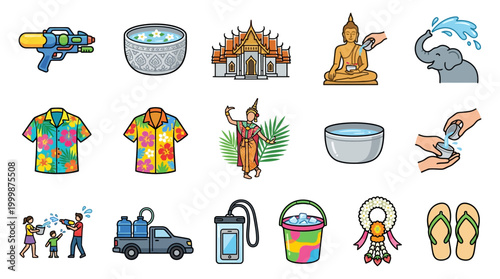 Vibrant colorful icons representing Thai Water Festival, Songkran celebration, Buddhist New Year, water splashing, temple, Buddha statue, traditional clothing, hoses, buckets, car wash, fun,