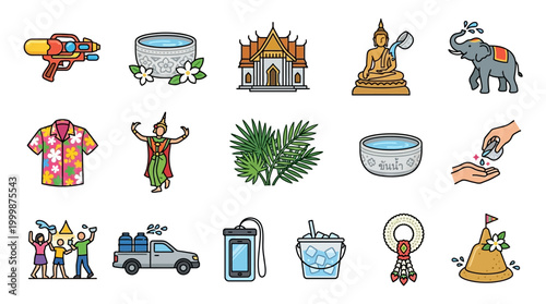 Vibrant colorful Thai culture icons set including traditional dress, elephant, temple, water festival, palm tree, food, and transportation in modern flat illustration style for travel and to