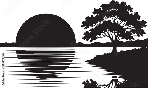 Black silhouette landscape, tree by calm lake, sunset vector, nature scenery, peaceful atmosphere