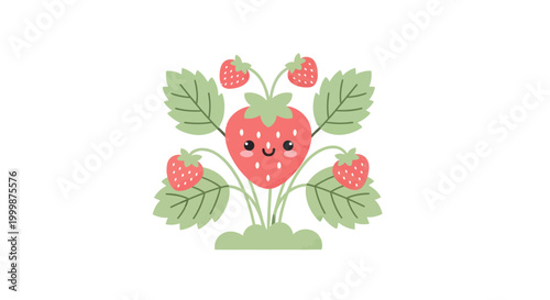 Whimsical cartoon strawberry plant flourishing with bright red fruits and verdant leaves, embodying fresh growth and the sweet promise of its delicate flower