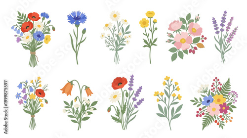 Watercolor floral bouquet set, colorful flowers, artistic botanical collection, hand-painted, delicate, detailed, springtime, garden, nature, decorative elements