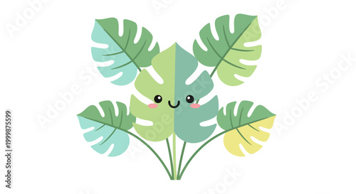 Cute cartoon Monstera Deliciosa flower with a happy face, vibrant green leaves, and a cheerful expression, perfect for digital design projects