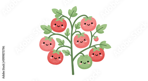 A charming cartoon tomato plant with cheerful red and green fruits and vibrant leaves, embodying the full garden cycle from tender flower to healthy harvest
