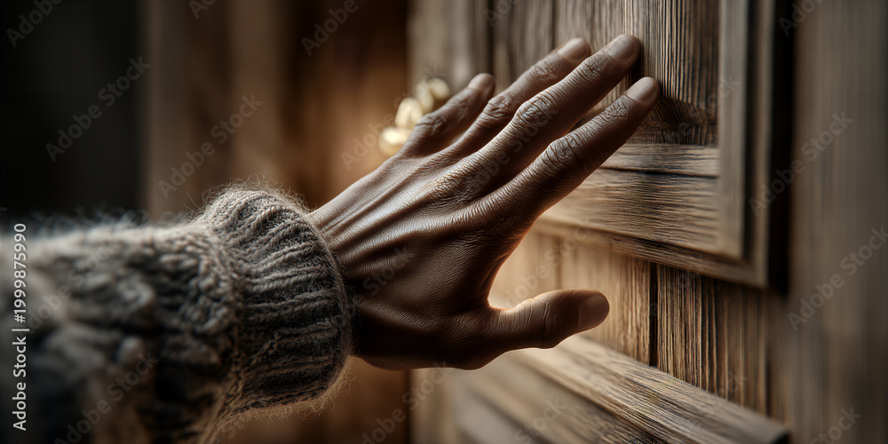 Fototapeta premium Calm gesture in rustic setting. Serene act of closing wooden door in cozy interior