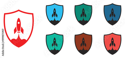 Rocket launch protection shield icon set, spacecraft safety barrier concept illustration, orbital mission defense symbol design, aerospace engineering security graphics, clean minimal flat vector icon