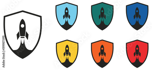 Rocket shield icons set, protection shield during rocket launch concept illustration, space safety defense symbol collection, aerospace security and launch protection system design