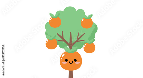 Cheerful Cartoon Orange Tree Illustration with a Friendly Fruit Face, symbolizing the abundant harvest of a vibrant flowering plant