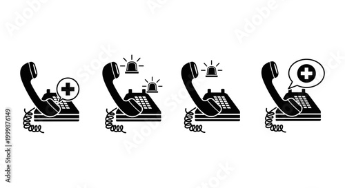 Icons of a retro landline telephone with various emergency notification symbols telephone landline hospital