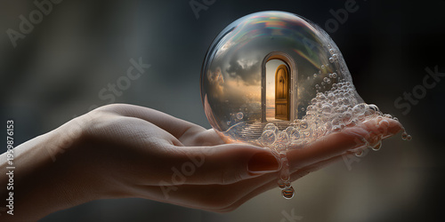 Dramatic illuminated globe revealing mysterious golden door and staircase leading inward