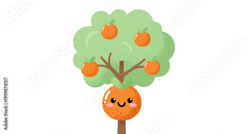A charming cartoon orange tree, celebrating the vibrant journey from a delicate flower blossom to abundant, sweet fruit on a cheerful botanical plant illustration