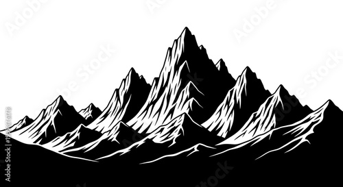Black and white silhouette illustration of a majestic mountain range with sharp peaks and rocky terrain