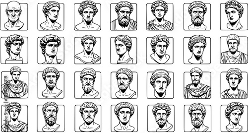 Ancient Greek and Roman Busts Line Art Vector Collection - Historical Sculptures of Famous Figures and Philosophers