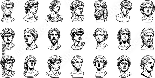 Collection of Classical Greek and Roman Busts, Sculptures  Statues in Black  White Line Art. Ancient Mythology Heads for Art, History  Education