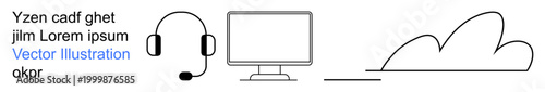 Digital communication, cloud storage, customer service, tech support, online work, virtual interaction. A headset, computer monitor and cloud outline. Digital communication and cloud storage