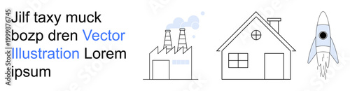 Technology innovation, industrialization, sustainable housing, space exploration, urban planning, clean energy. Factory, house rocketship illustration. Technology innovation and industrialization