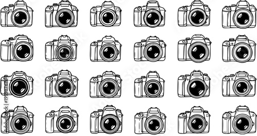 Hand-Drawn Black and White Line Art DSLR Camera Vector Icons for Photography and Media Industry